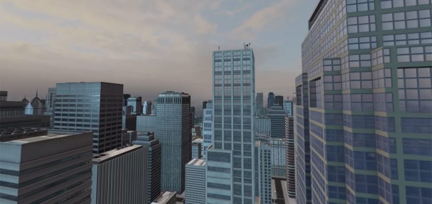City with plane flying over